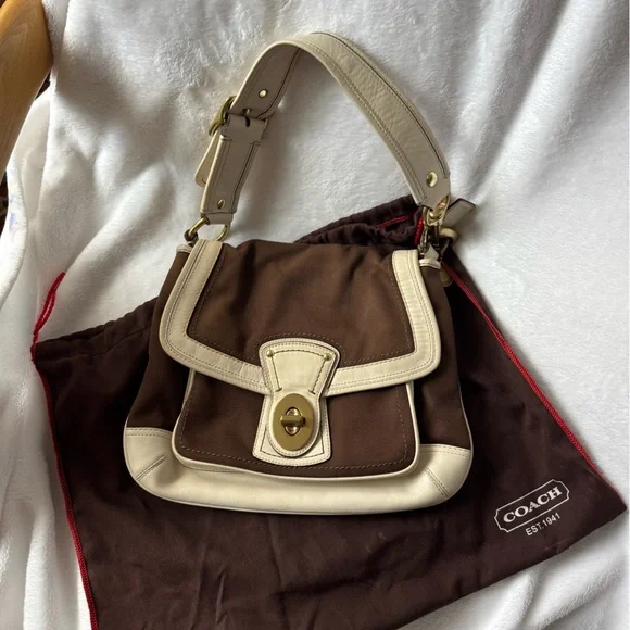 Coach Legacy Stripe Parchment/Brown Slim Flap Ali Turnlock Shoulder Bag $378 - Picture 15 of 16